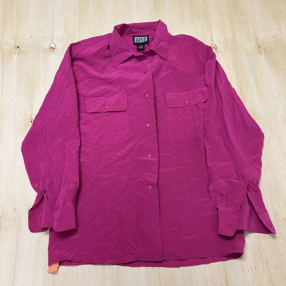 Vintage BICE Button Up Shirt Womens 10 Pink Silk Long Sleeve Pocket Blouse Top